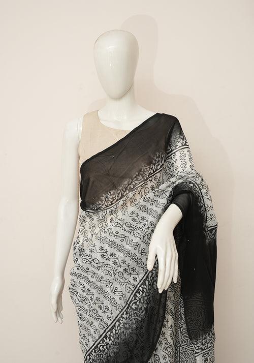 White and Black Georgette Saree with Badla Work