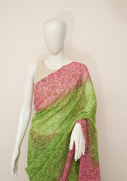 Parrot Green and Pink Georgette Saree with Badla Work