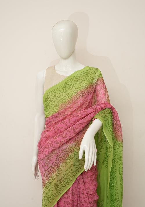 Pink and Parrot Green Georgette Saree with Badla Work