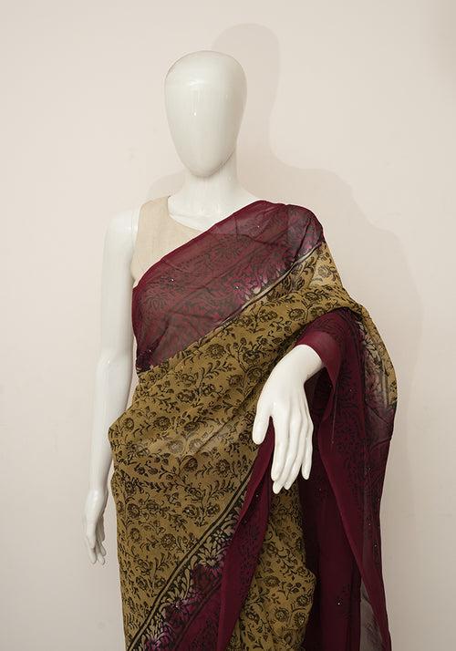 Light Brown and Jamun Red Georgette Saree with Badla Work