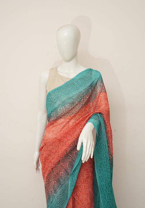 Peach and Teal Green Georgette Saree with Badla Work