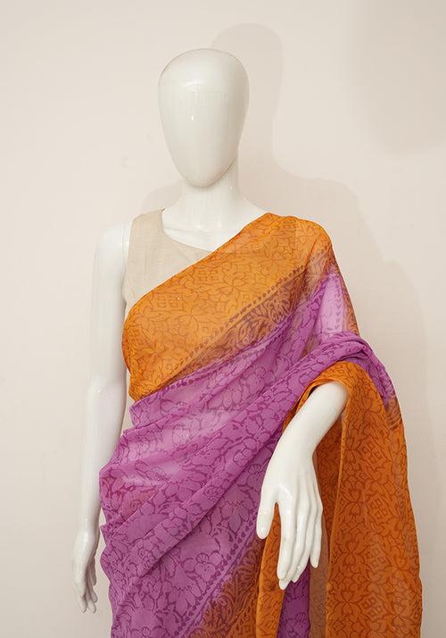 Purple and Yellow Georgette Saree with Badla Work
