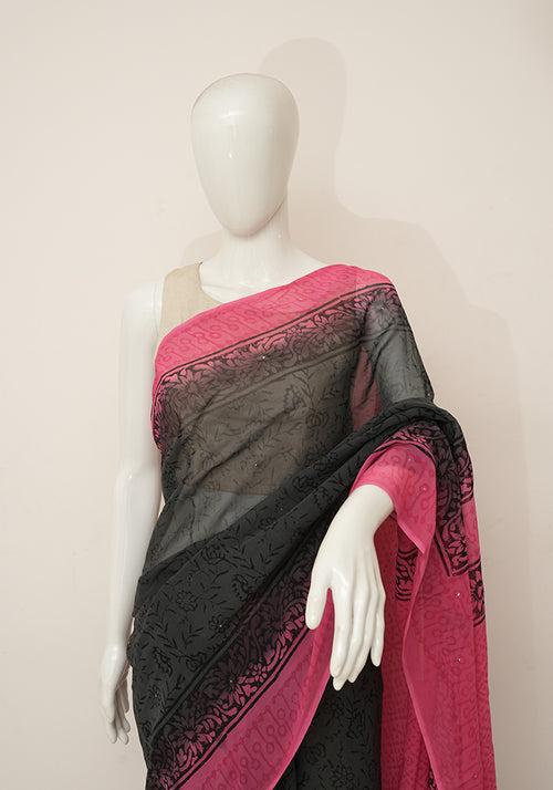 Grey and Pink Georgette Saree with Badla Work