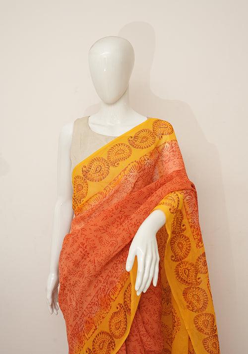 Orange and Yellow Georgette Saree with Badla Work