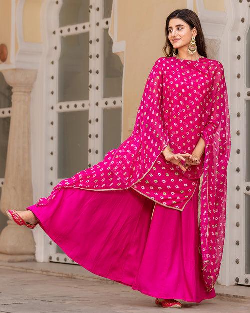 Pink Bandhej Muslin Sharara Suit Set