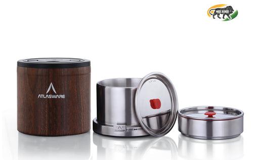 Atlasware Stainless Steel Wood Finish Lunch box 1000ml (3 Container)