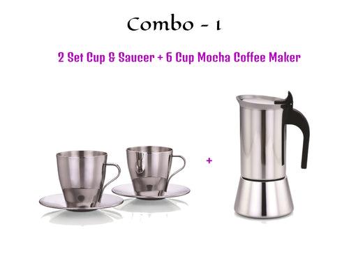 Mocha 6 Cup Coffee Maker & Cup and Saucer Combo