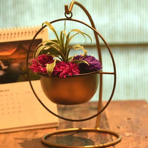 "Bow Down Mister" Table Top Stand with Hanging Planter in Gold