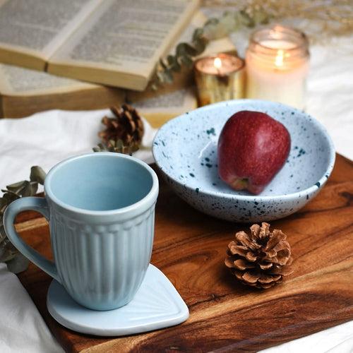 Set of 3 in Blue Ceramic - Splatter Print Organic Shape Bowl + Vintage Grooved Mug + Etched Coaster